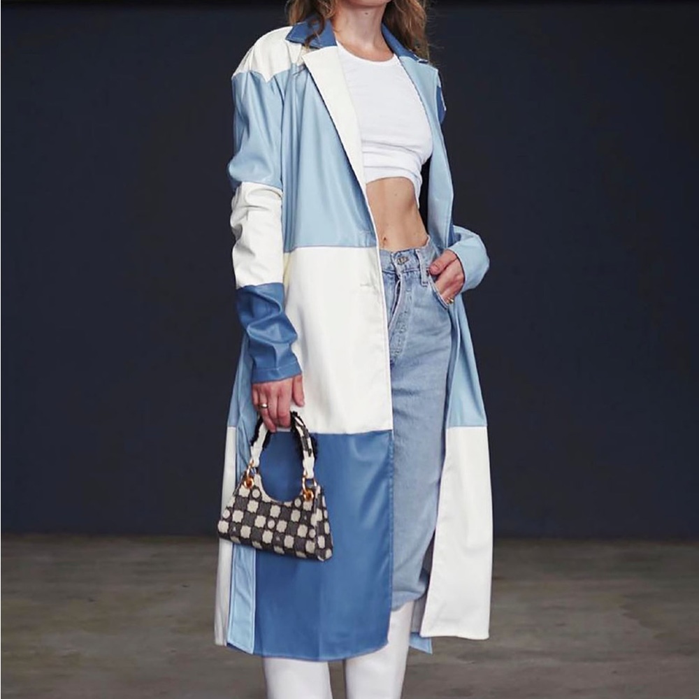 Fashion Nova 
Here For It Faux Leather Trench Coat - Blue/combo